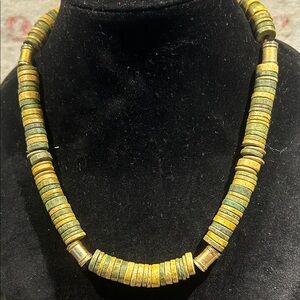 South West American Native Handmade Heinshi Green and Gold Turquoise Necklace